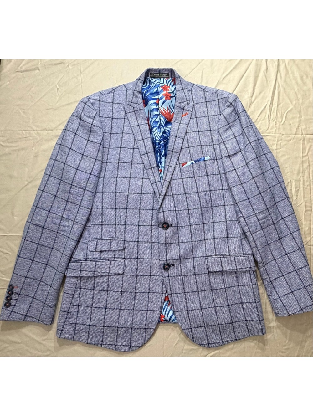 Paisley & Gray Blazer 44R Slim Fit Blue Windowpane Plaid Floral Lined Sport Coat